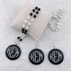 Personalized Vinyl Monogram Pearl Linked Black Wooden Disc Pendent Necklace