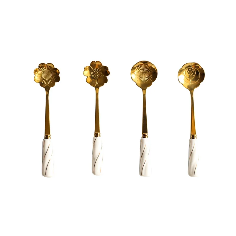 

Popular style ceramics handle 4 Flowers gold stainless steel tea & coffee spoon, Silver & gold with 3 colors handle