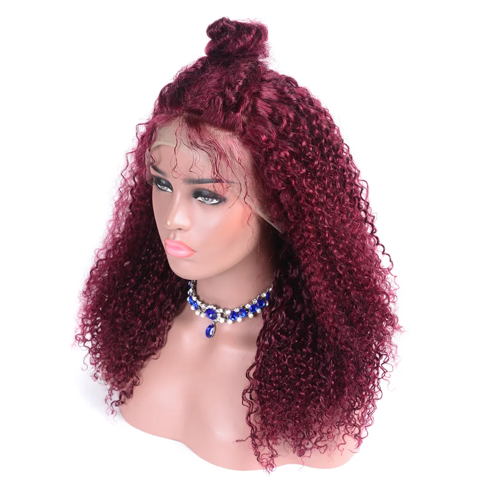 Custom fashion wig curly virgin raw 99j human hair Mongolian kinky curly burgundy front lace wig