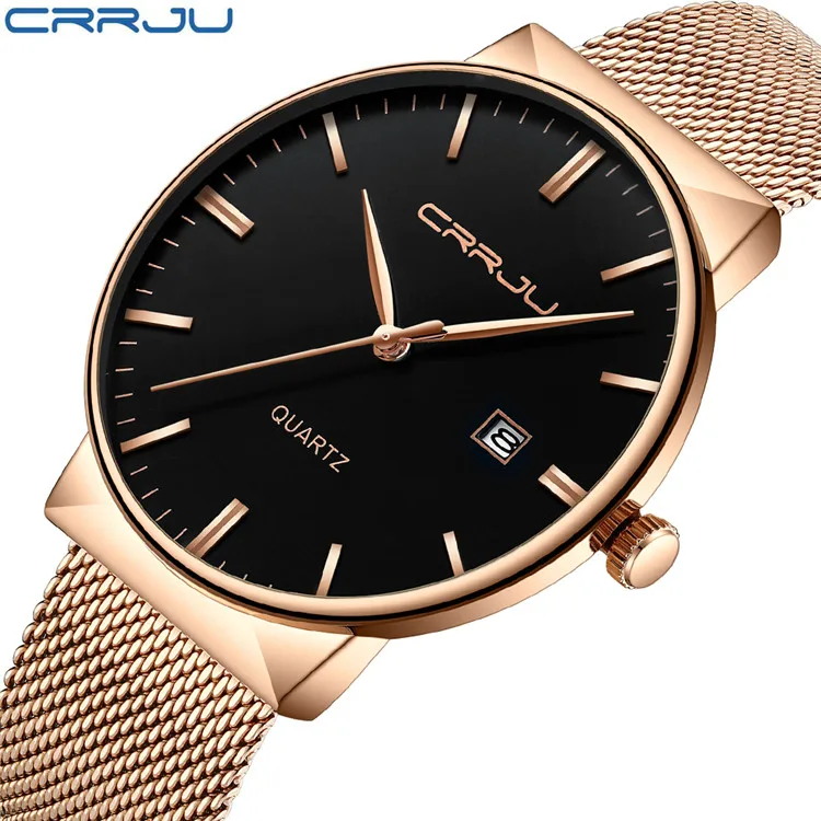 

Wholesale CRRJU Mens Watches Top Luxury brand steel Slim Quartz Black Watch For Men