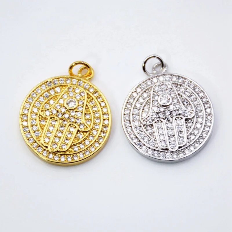 

Metal Copper Micro Pave CZ Hamsa Hand pendant Beads round disc Cubic Zirconia Palm Pendants For Jewelry Making, Multi colors