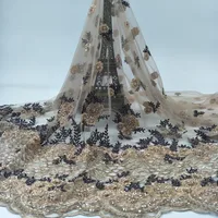 

2020 Luxury French Embroidery Handmade Bead Gold Tulle Lace Fabric For Dress