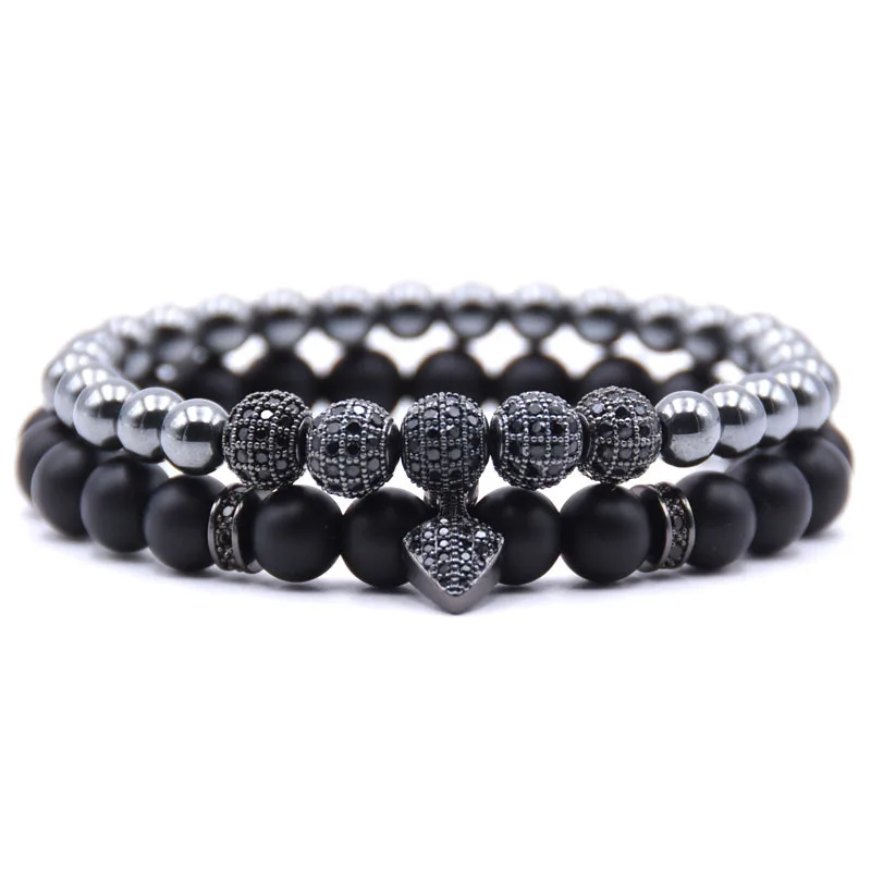 

Natural 8mm Black Stone Beads Bracelets Sets for Women Men 2Pc/Sets Micro Pave CZ Ball Charms Bracelet Jewelry (SK265), As picture