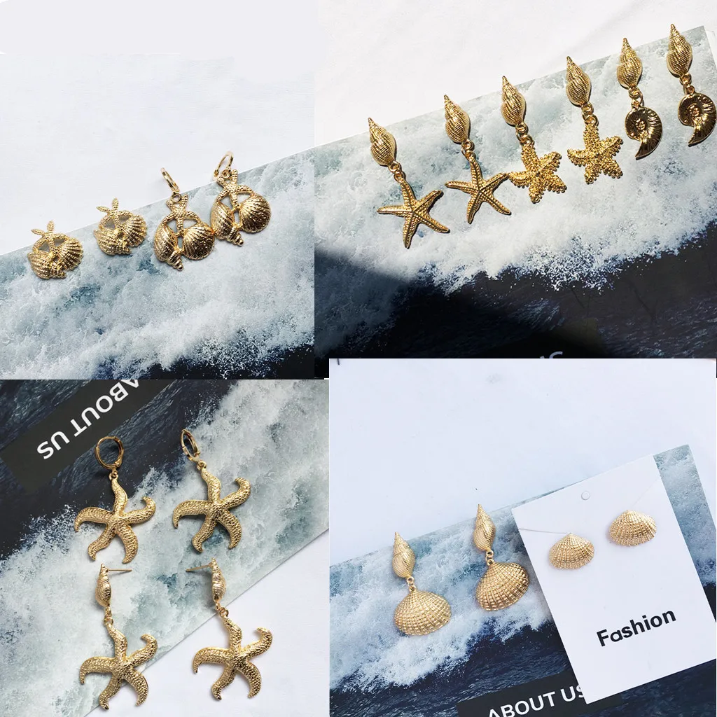 

wholesale Lobster Seahorse starfish conch shell octopus drop stud earrings ocean beach gold sea animal earrings creative, Picture