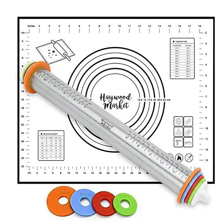 
2pcs For a Set Adjustable Stainless Steel Rolling Pin With Silicone Baking Mat 