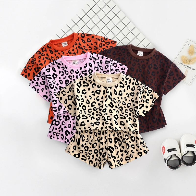 

2019 Girls summer suit new children's short sleeve shorts casual clothes baby foreign air leopard two-piece outfits, As picture