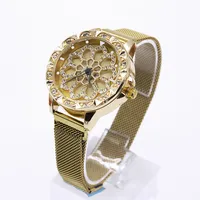 

Wholesale Timepiece Petal Dial Diamond Hollow Quartz Rotation Watch Ladies Magnet Strap Bracelet Wristwatches montre femme