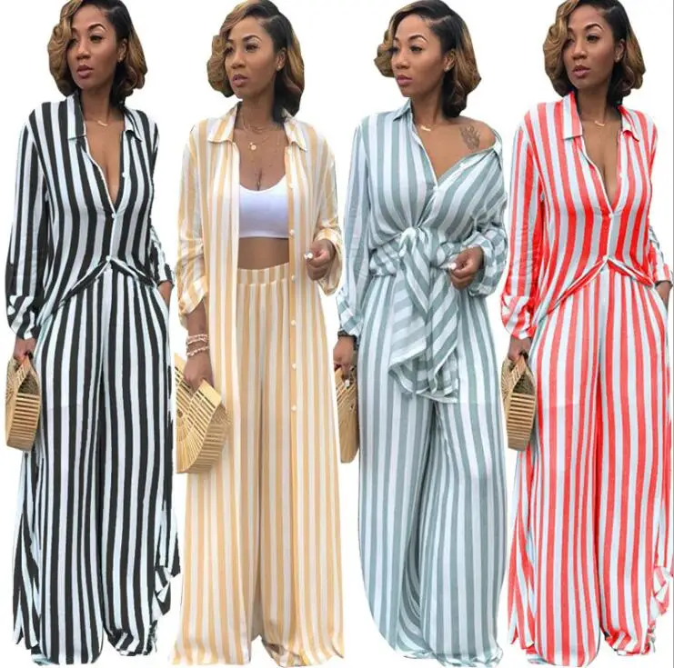 

Walson Women Striped Casual 2 Piece Set Loose X-Long Shirt Tops And Wide Leg Pants Suits Autumn Plus Size 3XL 2XL Outfit Coldker
