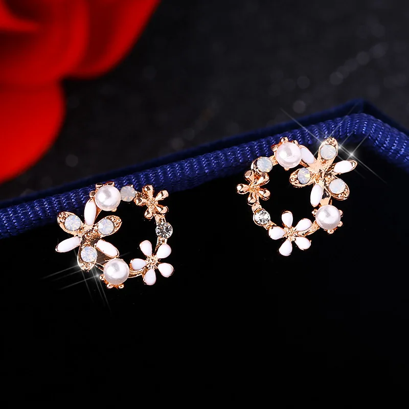 

New Fashion Crystal Earrings For Women Branch Shell Pearl Flower Stud Earrings Female Statement Ear Jewelry Gift Wholesale, Colorful