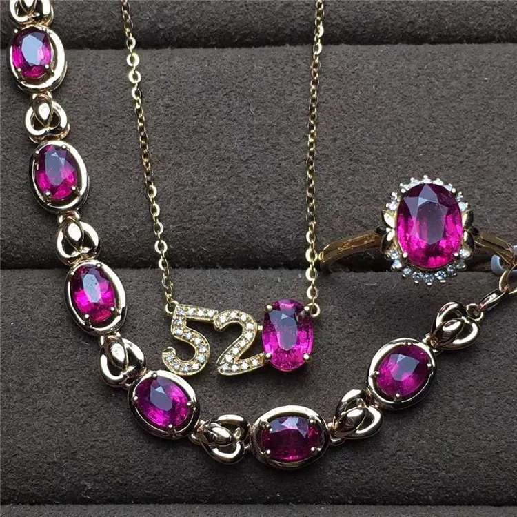 

18k gold South Africa real diamond natural red tourmaline necklace bracelet ring fashionable jewelry set for lovers