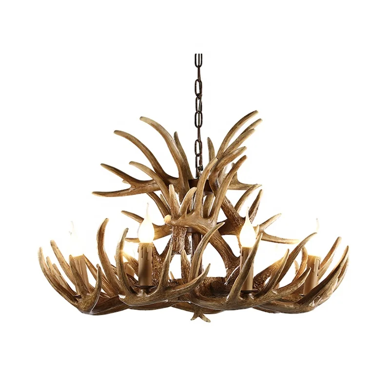 Nordic antique deer antler resin kitchen decorative candle LED pendant lighting rustic ceiling wooden chandelier