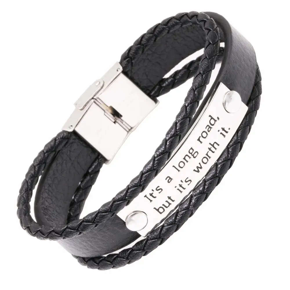 

Latest Women Men Bracelets OEM Custom Multi-layers Stainless Steel Leather Bracelets With Engraved Inspiring Saying Tag Bracelet
