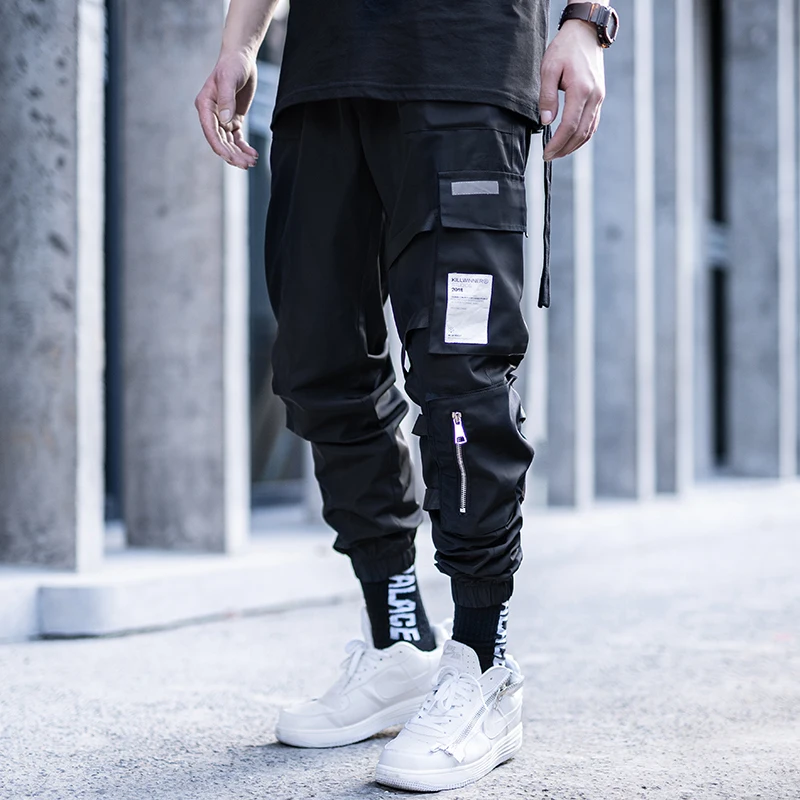 

Killwinner 100 polyester multi pockets joggers men brand black waterproof loose webbing sports function cargo pants