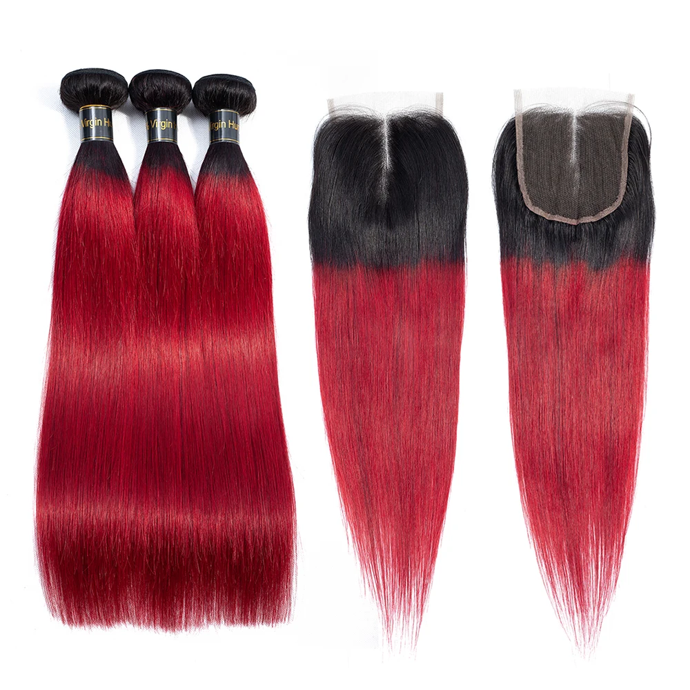 

Colored Brazilian Straight Hair 3 Bundles with Closure 1b Burgundy Human Hair Weave Bundles with Closure, Brown