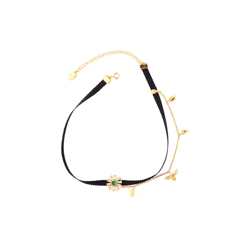 

mx0030 Double Layers Copper Gold Plated Chain Daisy Flower Bee Black Ribbon Choker Necklace