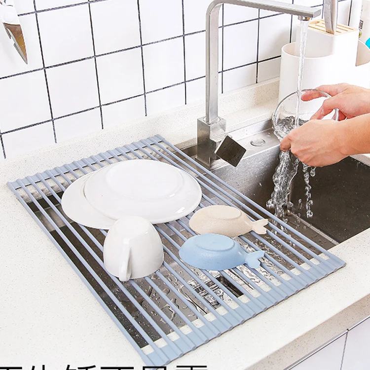 

Custom Gray Drain Rack Flexible Silicone Roll Up Dish Drying Rack Kitchen Dish Drying Mat Rack, Customized