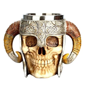 Viking Ram Horned Pit Lord Warrior Stainless Steel Mug Beer Goat Horn Resin Tankard Coffee Mugs Halloween Bar Gift Tea Cup