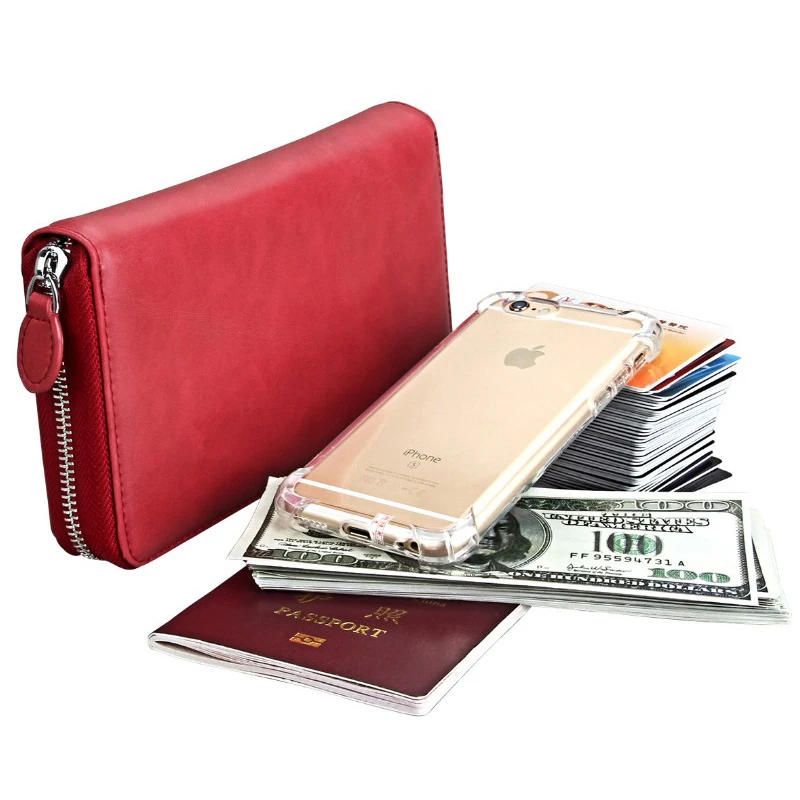 

New organ design genuine leather purse RFID blocking ladies zipper card holder long wallets big capacity, Red, blue, coffe, black, green