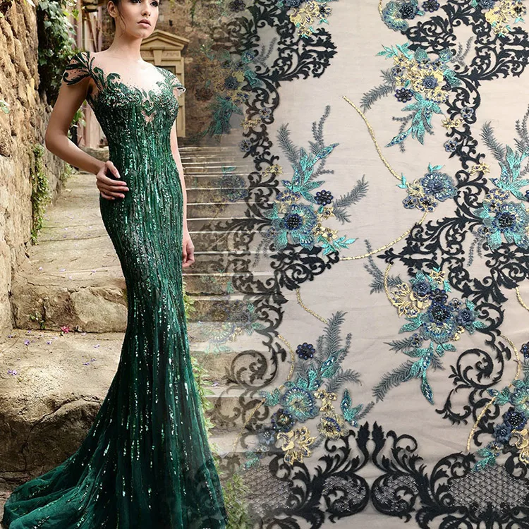 

Evening dress mesh polyester embroidered beaded green lace fabric, Green;custom