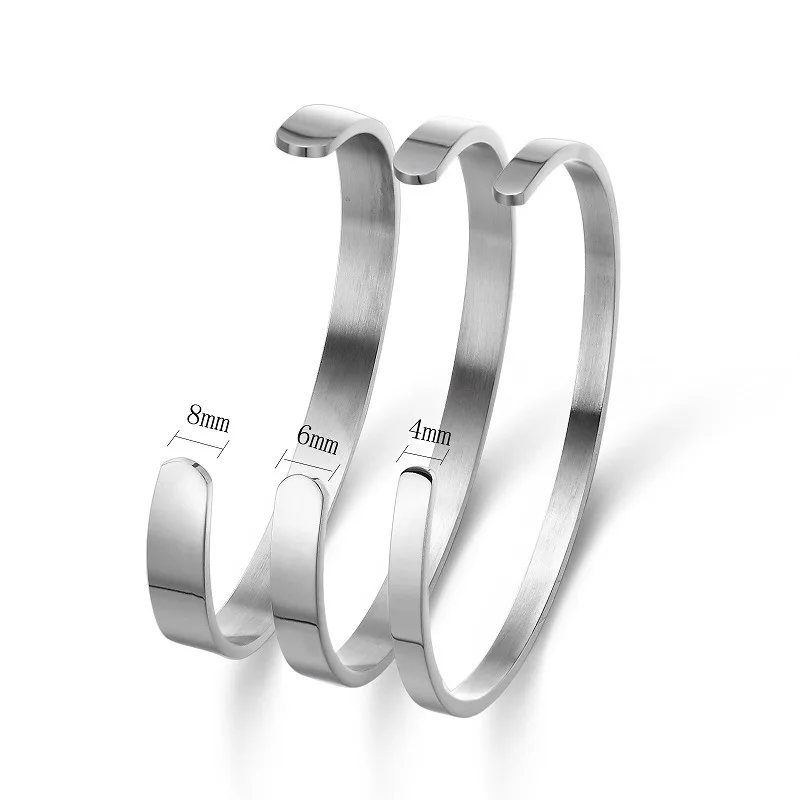 Simple 4 6 8mm Width Silver 316l Titanium Stainless Steel Blank Bangle Custom Engrave Open Cuff Bangles Bracelet for Men Women