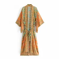 

Wide long sleeve floral printed bohemian beach dress summer kimono clothing with belt