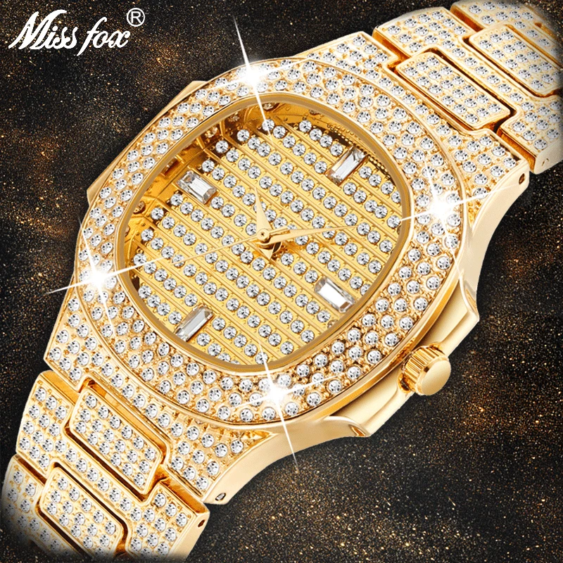 

Miss Fox Brand Watch Quartz Ladies Gold Fashion Wrist Watches Diamond Stainless Steel Women Wristwatch Girls Female Clock 292, Black/silver