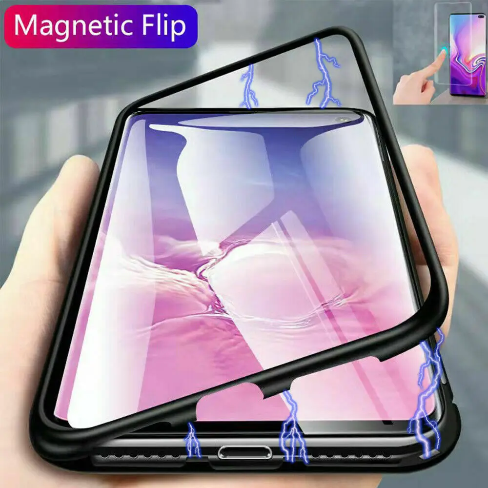 

For Samsung Galaxy S10 Plus iPhone X XR Xs Max Magnetic Adsorption Metal Case Tempered Glass Cover