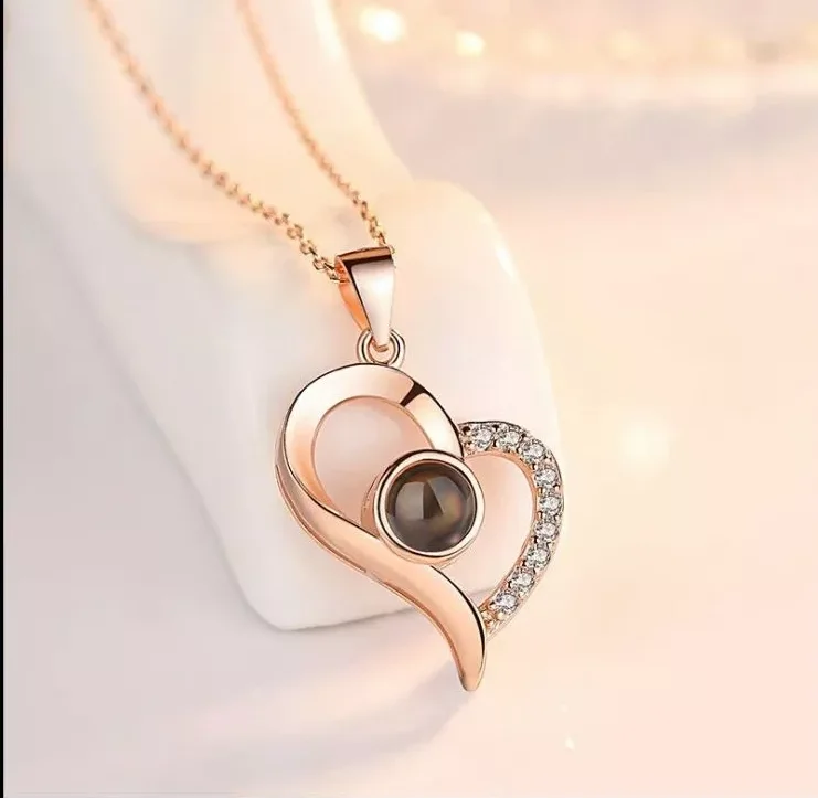 

2019 Fashion Jewelry Rose Gold Plated 100 Languages To Say I Love You Heart Projected Pendant Necklace, Rose gold,silver copper alloy
