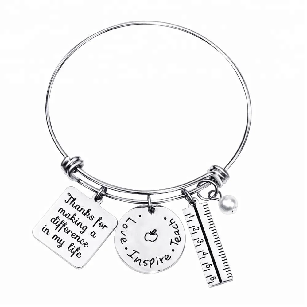 

Gifts for Teacher Thank You from Student Personalized Teacher Jewelry engraved Charm Bracelets, Silver