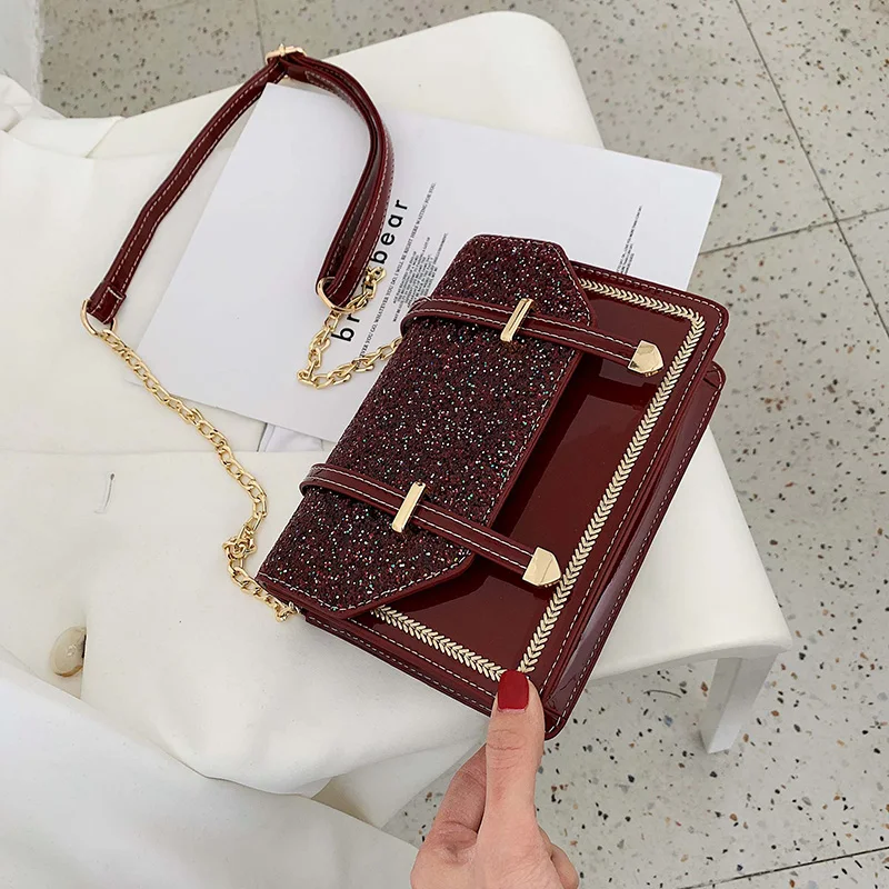 

New Fashion Simple Shoulder Crossbody Bag With Shining Dinmond Metal Chain Strap And Tassel Top Zipper, Black