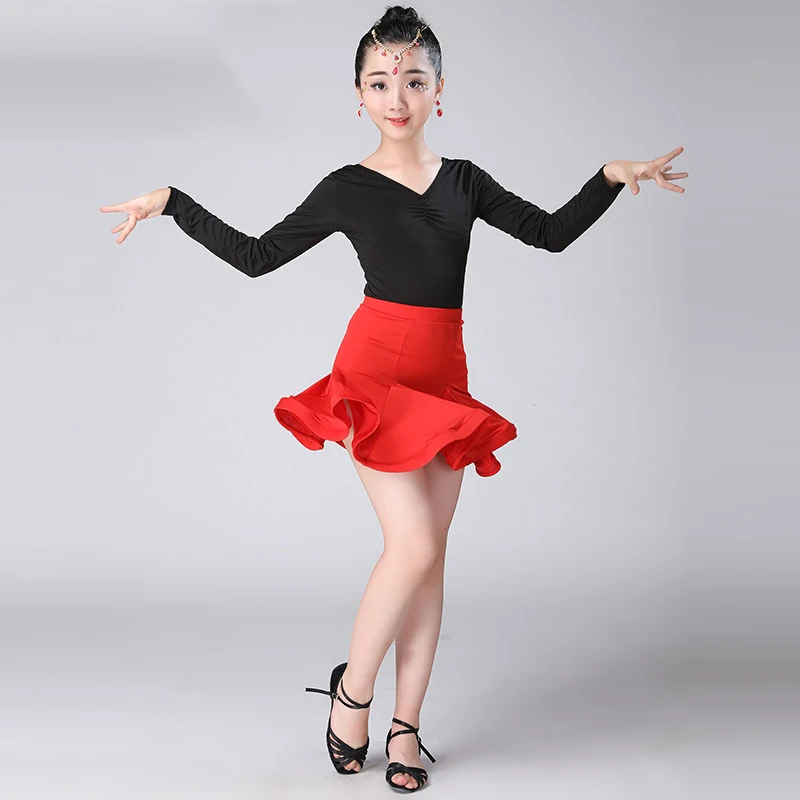 Four seasons black long-sleeved dance skirt Girls Red Short Skirt Performan...