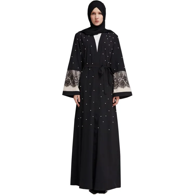 

Fashion Top Quality Front Open Abaya Black Long Sleeve with Peals