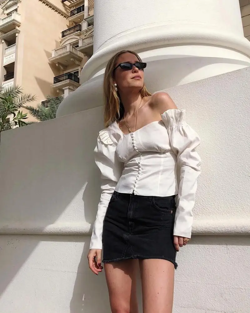 

Female Ruffle Autumn One Shoulder Black Puff Sleeve Shirts Tops Asymmetrical White Blouse, Customized color