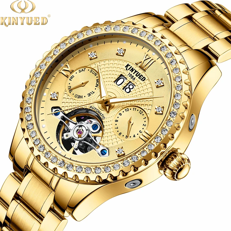 

KINYUED Mechanical movement brand your own luxury gold dial waterproof automatic skeleton watch