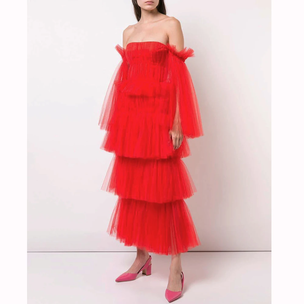 

New Fashion Red Cascading Ruffle Off The Shoulder Vestidos Long Sleeve Hollow Out Elegant Celebrity Evening Party Dresses, Shown