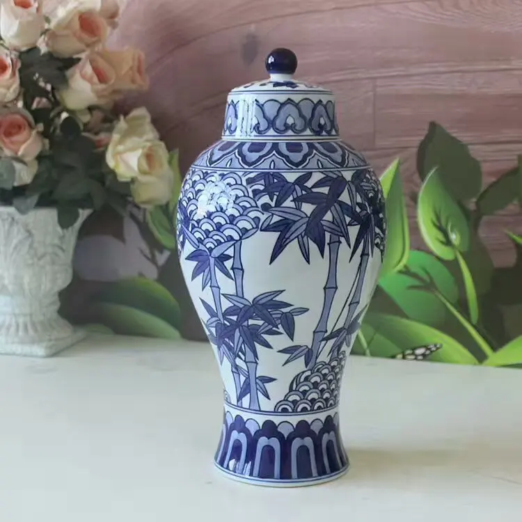 

Home Ceramic Ginger Jar Bamboo Pattern Interior Design Porcelain Kitchen Storage CLASSIC Temple Jar Art Party Blue and White
