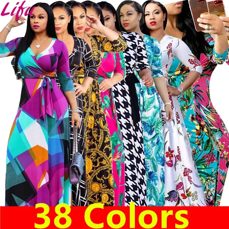 LF-43 Women Dresses Casual Maxi Dresses Women Summer Clothing Floral Long Sleeve Dresses Women Lady Elegant
