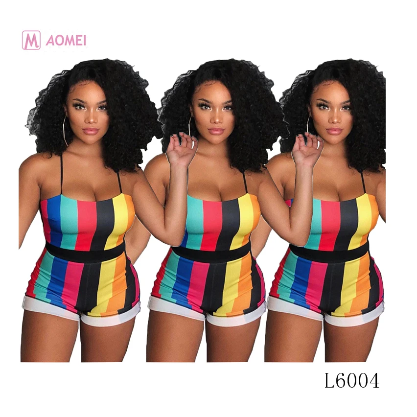 L6004 Hot sale spaghetti strap rainbow stripe short jumpsuit