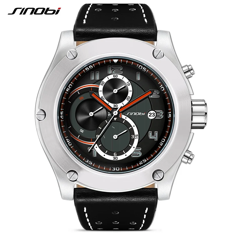 

SINOBI Luxury Sports Chronograph Men's Quartz Watches Mens Military style Wristwatch For Man Leather Band Custom watches S9648G