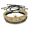 High Quality 3pcs/set Luxury Men Women Micro Pave CZ Ball Crown Copper Bead Braided Macrame Bracelets