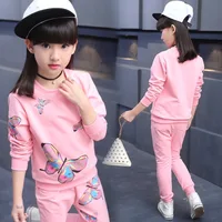 

Fashion print butterfly o-neck pullover children child sets suit clothes for girls