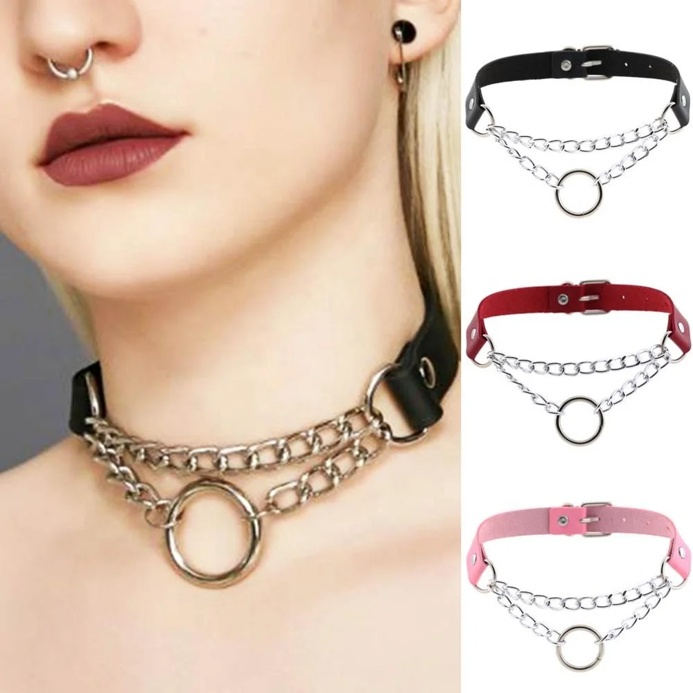 

Women Men Punk Exaggerated Handmade Chain Choker Necklace Fetish O Round Metal Leather Collar Bondage Harness Necklace, 16 colors to choosing