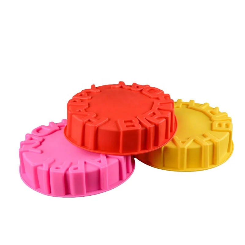 

100% Food Grade Round Happy Birthday Design 3D Silicone Cake Pan, As picture or as your request