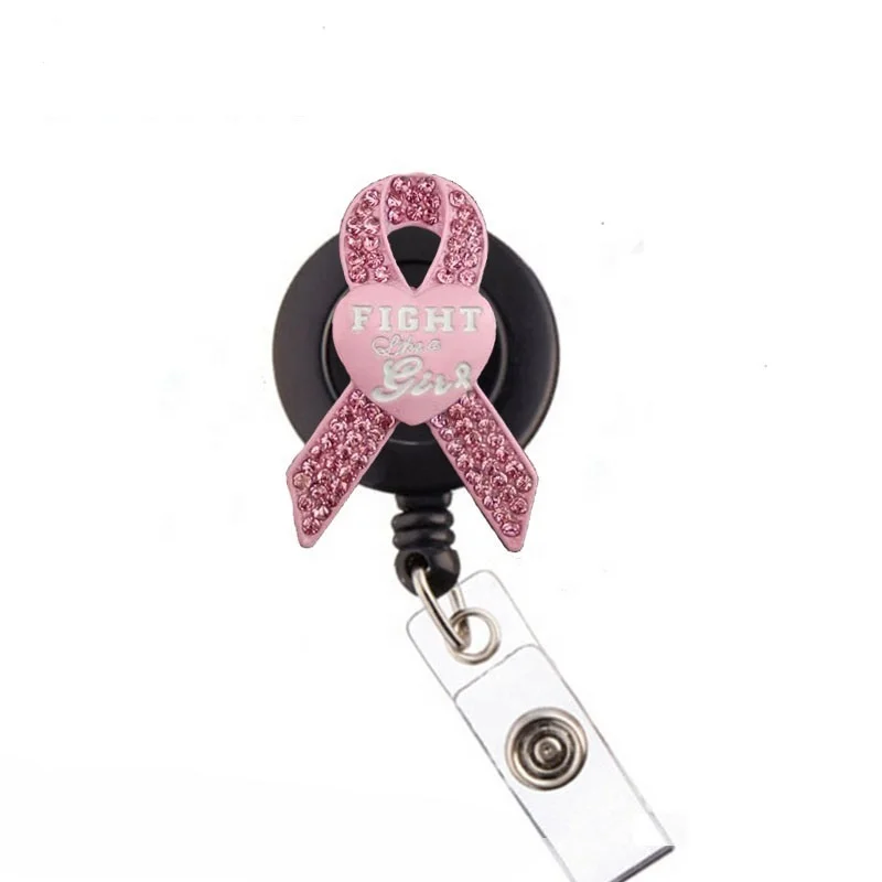 

rhinestone heart shape medical Breast cancer Pink ribbon Retractable id Badge Holder reel, Many colors, as your requests