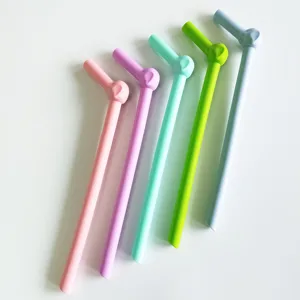 Image of Reusable Elephant Shape Food Grade Silicone Flexible Straws for Adult Kids with Cleaning Brush Cute Colorful Gift
