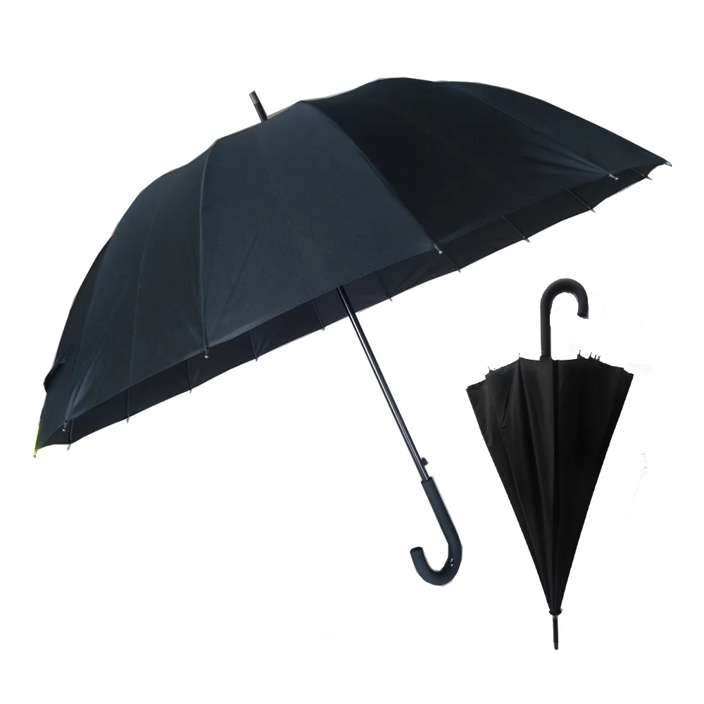 

16 Ribs Pongee Auto Open Black Ombrello 16k Sun Rain Promotion Gift Straight Umbrella Manufacturer Chinese With Sleeve