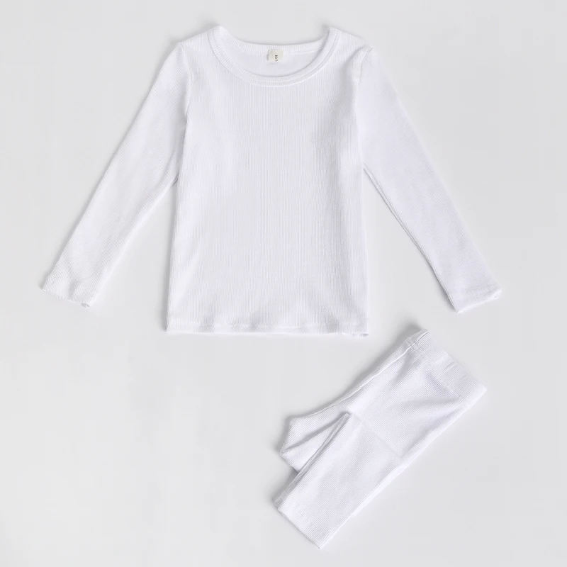 
children pajamas kids plain color ribbed cotton pajamas sets girls boys long sleeves sleepwear 