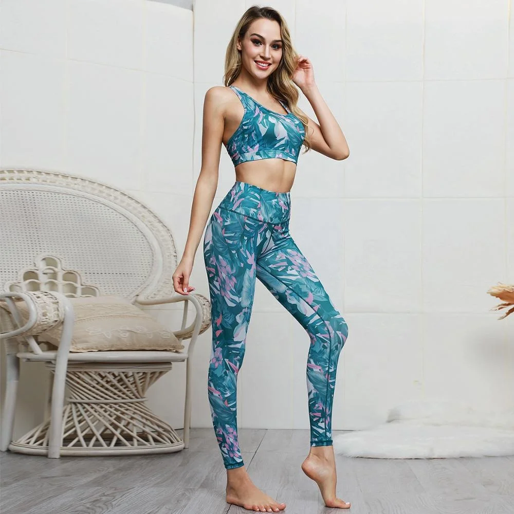 

Hot Sale Printed Gym Fitness Suit High Waist Slim Yoga Suit For Ladies, Green