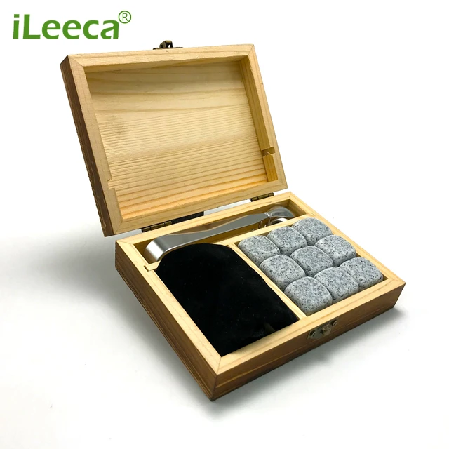 

Whisky Stones Gift Set of 9 Natural Soapstone and Granite Chilling Rocks with Stylish Wooden Box for Drinking Scottish Whiskey, Customized color