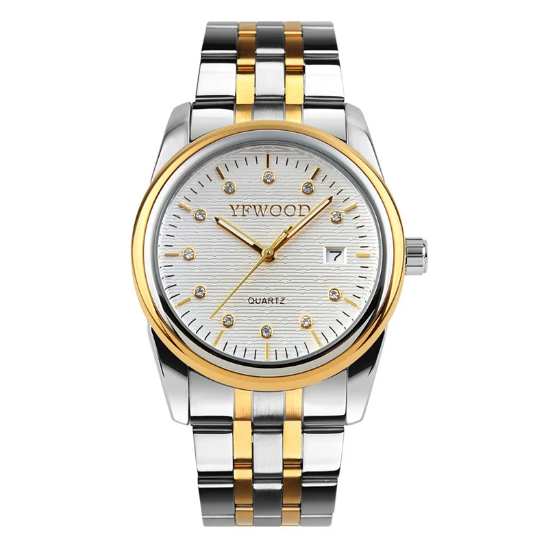 

YFWOOD men watches wrist all stainless steel chain wrist watch fashion quartz movement watch, Black/white/gold